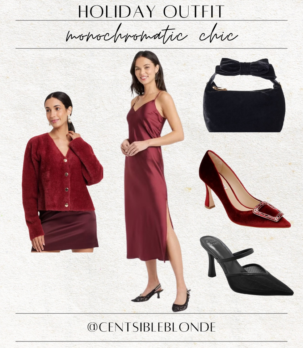 Party outfit, work outfit, work party, Christmas outfit, Christmas style, holiday outfit, holiday style, monochromatic, chic outfit, 
black handbag, bow handbag, 
pointed toe heels, slip dress, 
midi dress, burgundy, cardigan, 
fuzzy cardigan, burgundy dress

#LTKHoliday #LTKShoeCrush #LTKParties