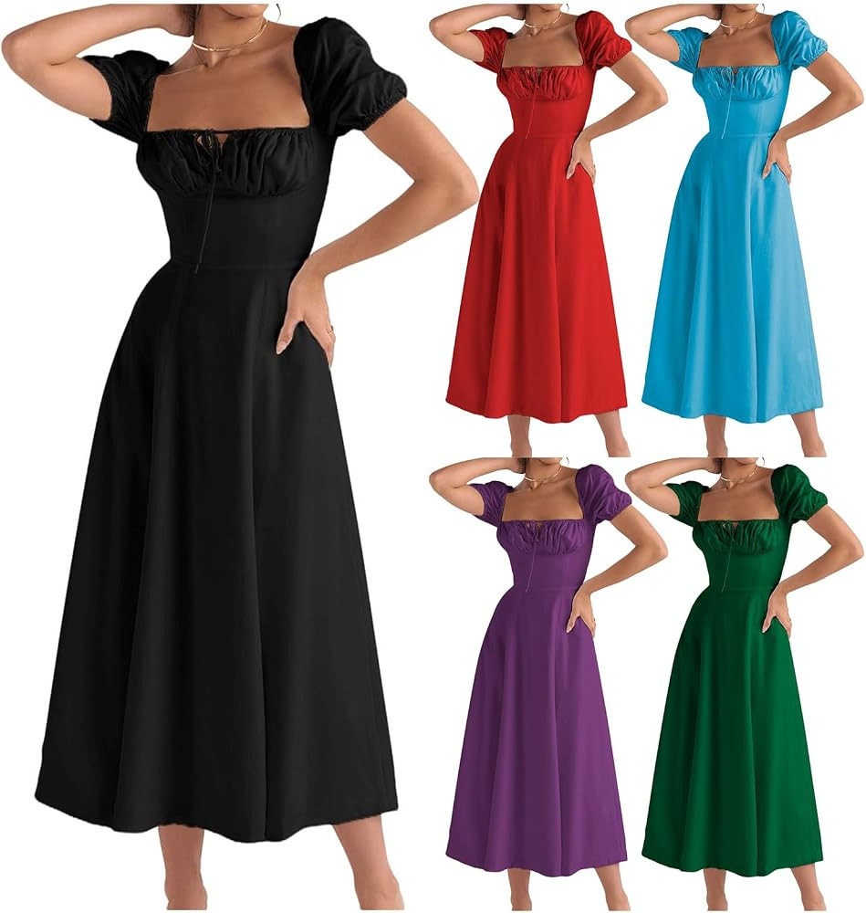 Summer Empire Waist Split Midi Corset Dresses A Line Puff Sleeve Sundress Casual Lace Up Dress fo... | Amazon (US)