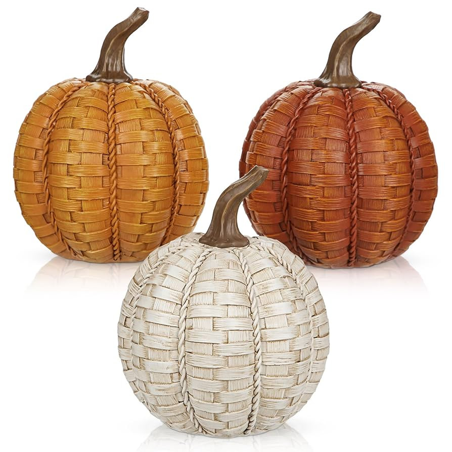 6 Inch Large Artificial Pumpkins, 3 Pcs Fall Pumpkin Decor Beige Orange Clay Brown Faux Resin Pum... | Amazon (US)