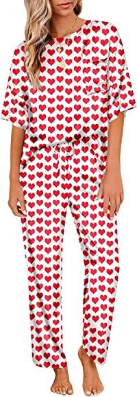 Ekouaer Women's Satin Silky Pajama Set Short Sleeve T-shirt with Long Pajama Pant Se... | Amazon (US)