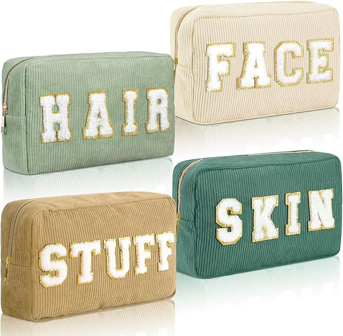 Pinkunn 4 Pcs Preppy Makeup Bags Chenille Letter Travel Organizer Face Skin Hair Stuff Corduroy C... | Amazon (US)