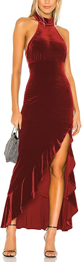 Aigeman Women's Sleeveless Halter Neck Velvet Maxi Dress Backless Split Bodycon Mermaid Cocktail ... | Amazon (US)