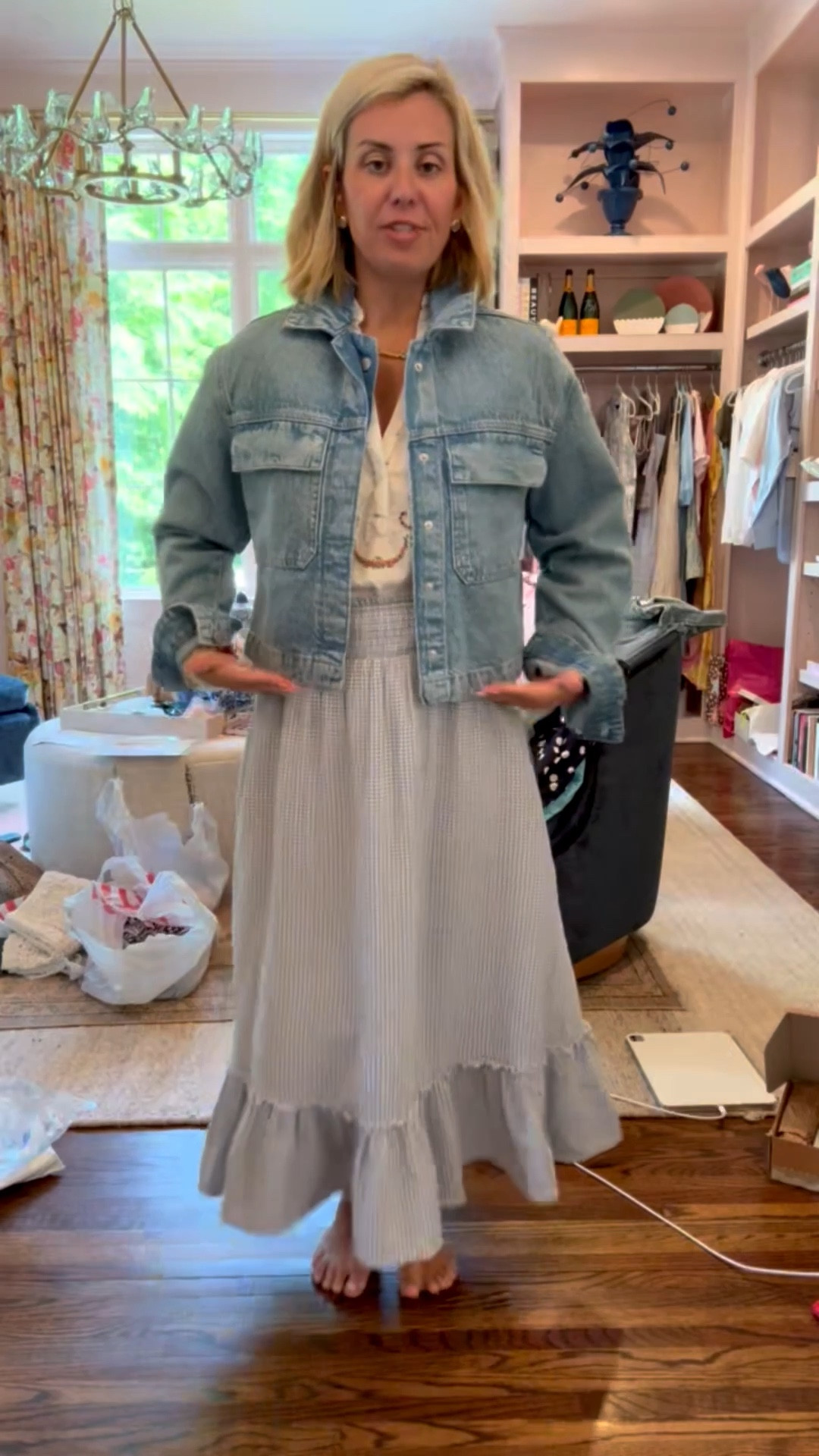 The most adorable crop denim jacket! 
This is perfect for this time of year and honestly year round. It’s oversized so size down if want a more fitted look. I’m wearing XS in top and skirt and small jacket. ￼


#LTKdayinmylife #LTKmomlife #LTKOver40