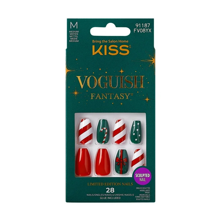KISS Voguish Fantasy Holiday Press-On Nails, Frozen, Red, Medium Length, Coffin Shaped, 28 Ct. - ... | Walmart (US)