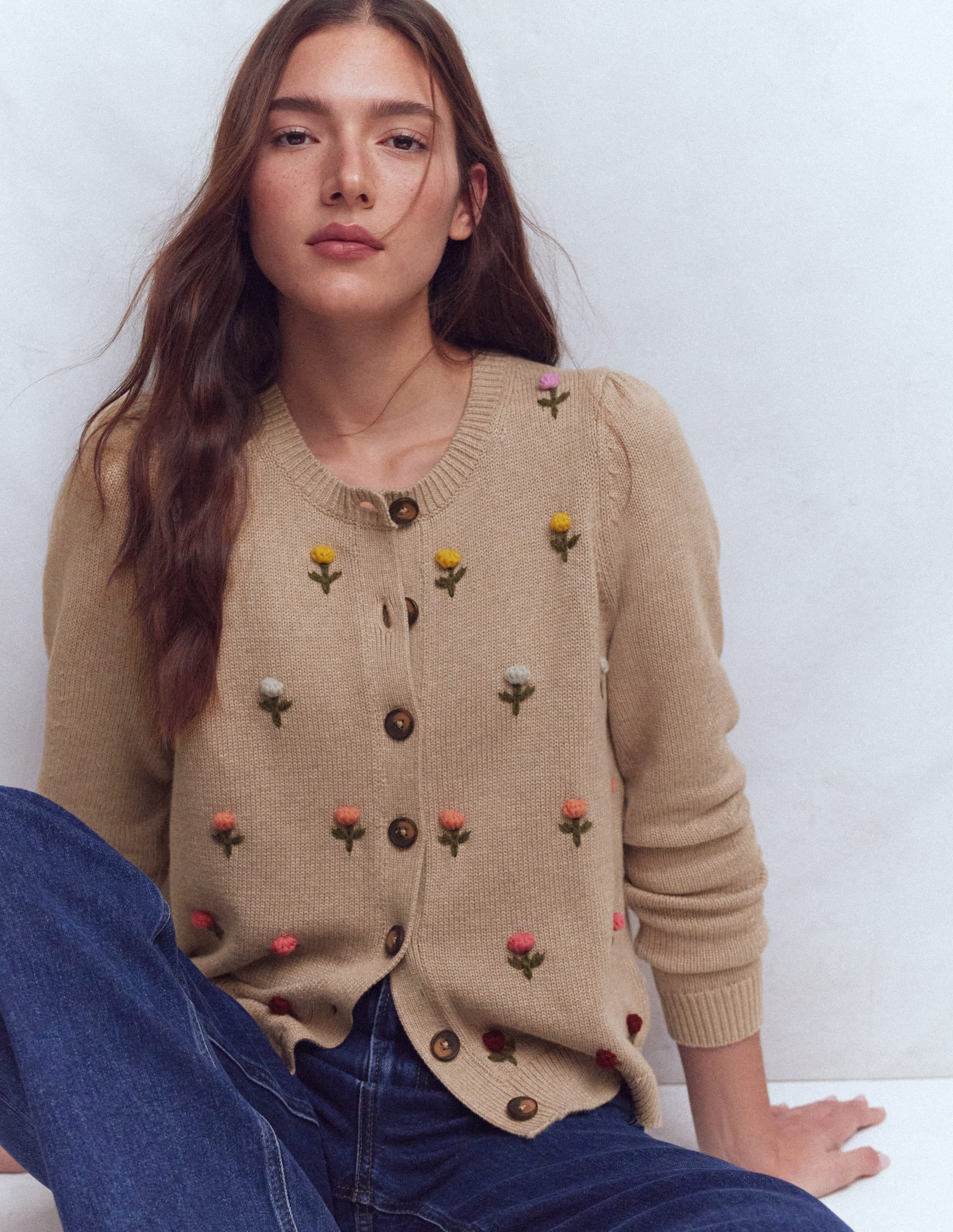 Boden Women's Davina Puff Sleeve Cardigan in Natural | Size Medium | Boden (US)
