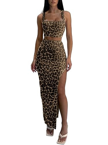 ELLEVEN Two Piece Maxi Skirt Set for Women: Yellow Leopard Print, Medium, Sleeveless Square Neck Crop Tank Top and High Side Slit Bodycon Skirt Dress Set for Going Out, Date Nights, Parties, Weddings | Amazon (US)