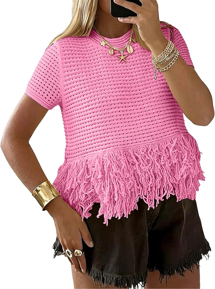 PUWEI Womens Short Sleeve Fringe Tops Crew Neck Boho Crochet Cropped Tops Summer Trendy Knit Swea... | Amazon (US)