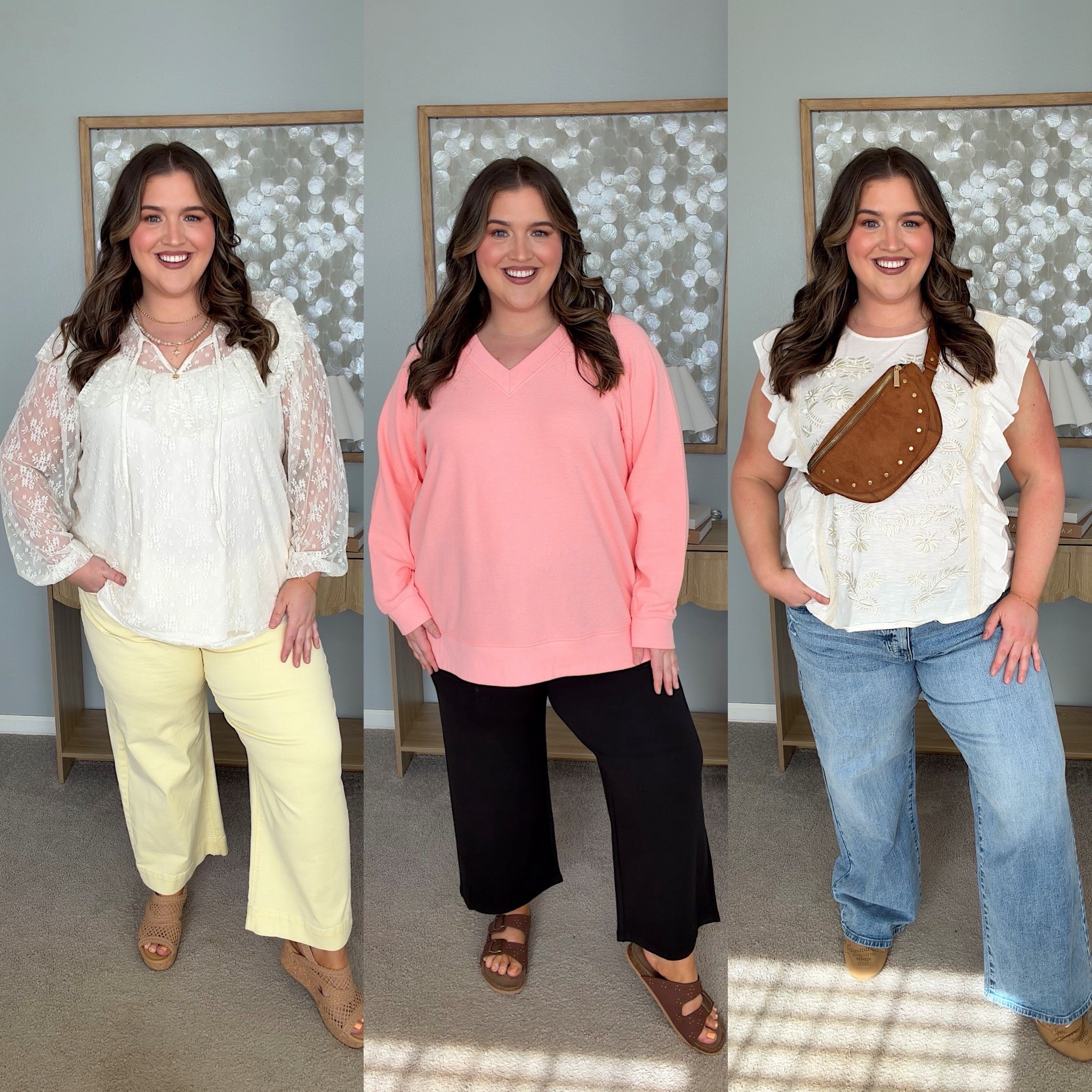 Spring outfits that are plus size approved from @maurices ☀️ Lightweight lace long sleeve blouse, yellow cropped wide leg pants + wedge heels is such a great Easter outfit! Hot coral sweatshirt with wide leg scuba knit pants and sandals for an easy on the go errands outfit. Everyday casual white ruffle top, light wash denim, sneakers and belt bag for an effortless outfit that’s functional. Wearing a size 2X and 20 jeans. 

#LTKSpringSale #LTKootd #LTKPlusSize