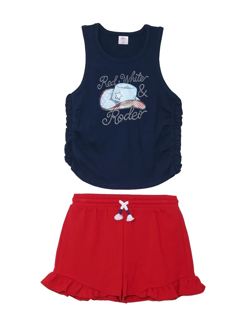Way to Celebrate Girls Patriotic Americana Cinched Tank and Flutter Short Set, 2-Piece, Sizes 4-1... | Walmart (US)