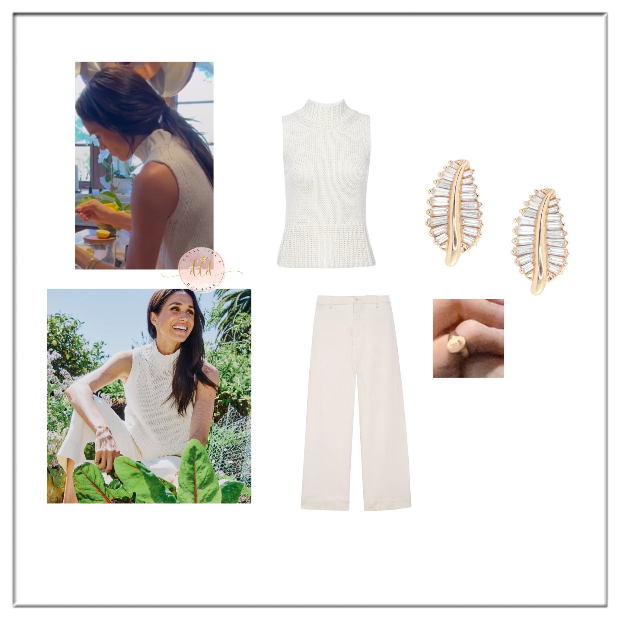 Meghan Markle with her mother Doria Ragland in her kitchen preparing a special dessert with the New York Times celebrating the launch of As Ever. Meghan and her mom made a dessert called ‘Chantilly Lili’ — named in honor of her daughter, Princess Lilibet.

The duchess is wearing Meghan wore a Brochu Walker 'Joseph' sleeveless sweater in Salt White paired with The Great 'The Seafair' Jeans in Vintage Stone.

For jewelry Meghan is wearing her Luna Skye earrings and monogram H signet ring 

Meghan shared for St. Patrick’s day green waffles her Glenn’s Italian Earthenware plates from Anthropologie (linked) 

DailyMail confirmed Meghan uses Mauviel 1830 copper pots which is a collection including the brand’s M-250B cookware set 