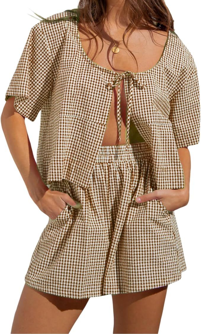 Women Plaid 2 Piece Pajama Set Tie Front Crop Tops Ruffle Shorts Suit Y2K Gingham Matching Sets S... | Amazon (US)