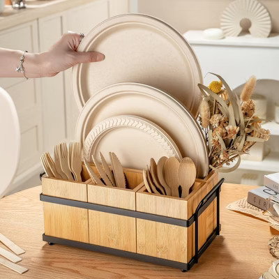 MOEPISY Silverware Caddy Black Wood Silverware Holder Paper Plate Dispenser Utensil Caddy Cutlery Flatware Organizer Box Brown | Target