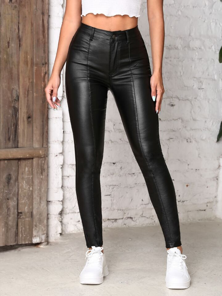 SHEIN Frenchy High Waist Leather Look Skinny Jeans | SHEIN