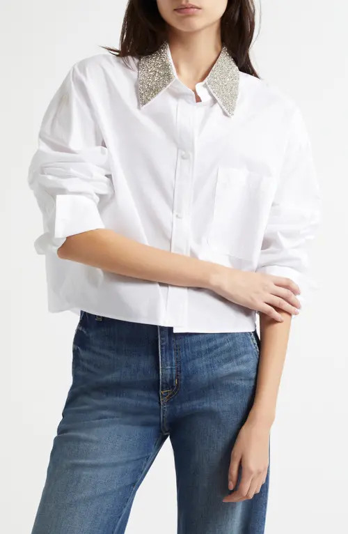 TWP Little Big Joe Crystal Embellished Cotton Button-Up Shirt in White at Nordstrom, Size X-Small | Nordstrom