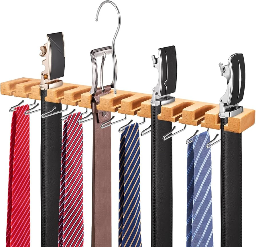 Wooden Tie Rack Tie Hanger 23 Storage, Belt Hanger for Closet 2 in 1 Wooden Wall Mount 12 Belts R... | Amazon (US)