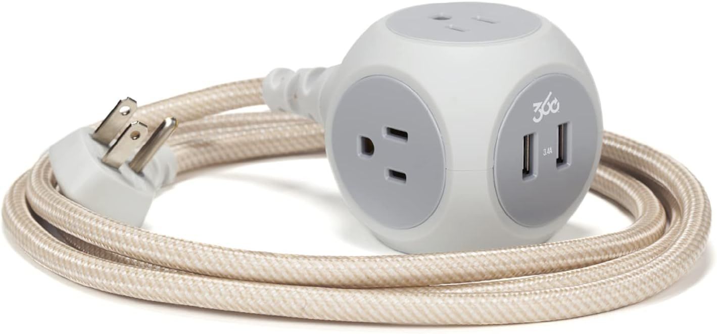 360 Electrical 360471 Habitat Braided Extension Cord w/ 2.4A Dual USB, 3 Outlet, 6 ft, Gold | Amazon (US)