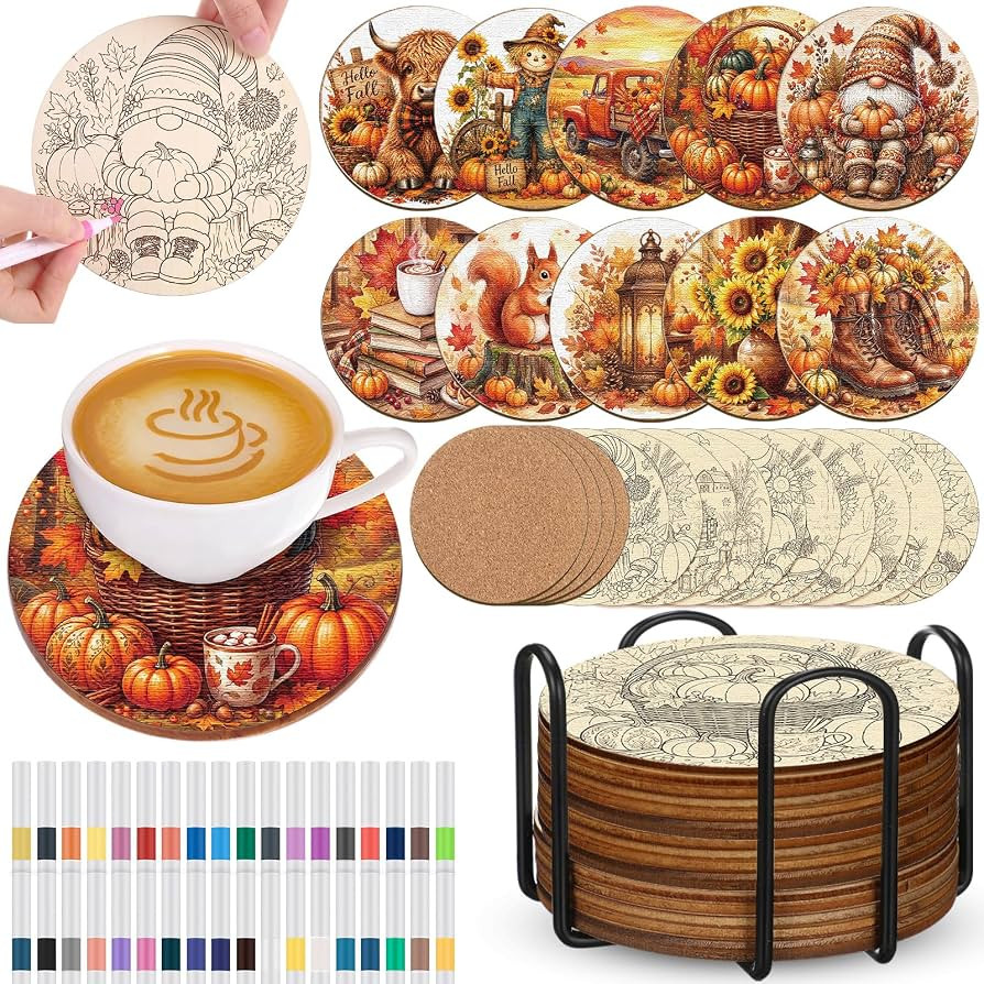 Reallnaive 45 Pcs Fall Wooden Coasters Painting Kit, 10 Autumn Gnome Pumpkins Sunflower Truck Coa... | Amazon (US)