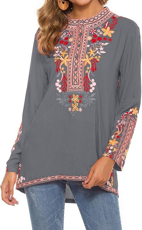 LERENSHA Women's Casual Boho Embroidered Long Sleeve Peasant Tops Button Up Loose Mexican Bohemia... | Amazon (US)