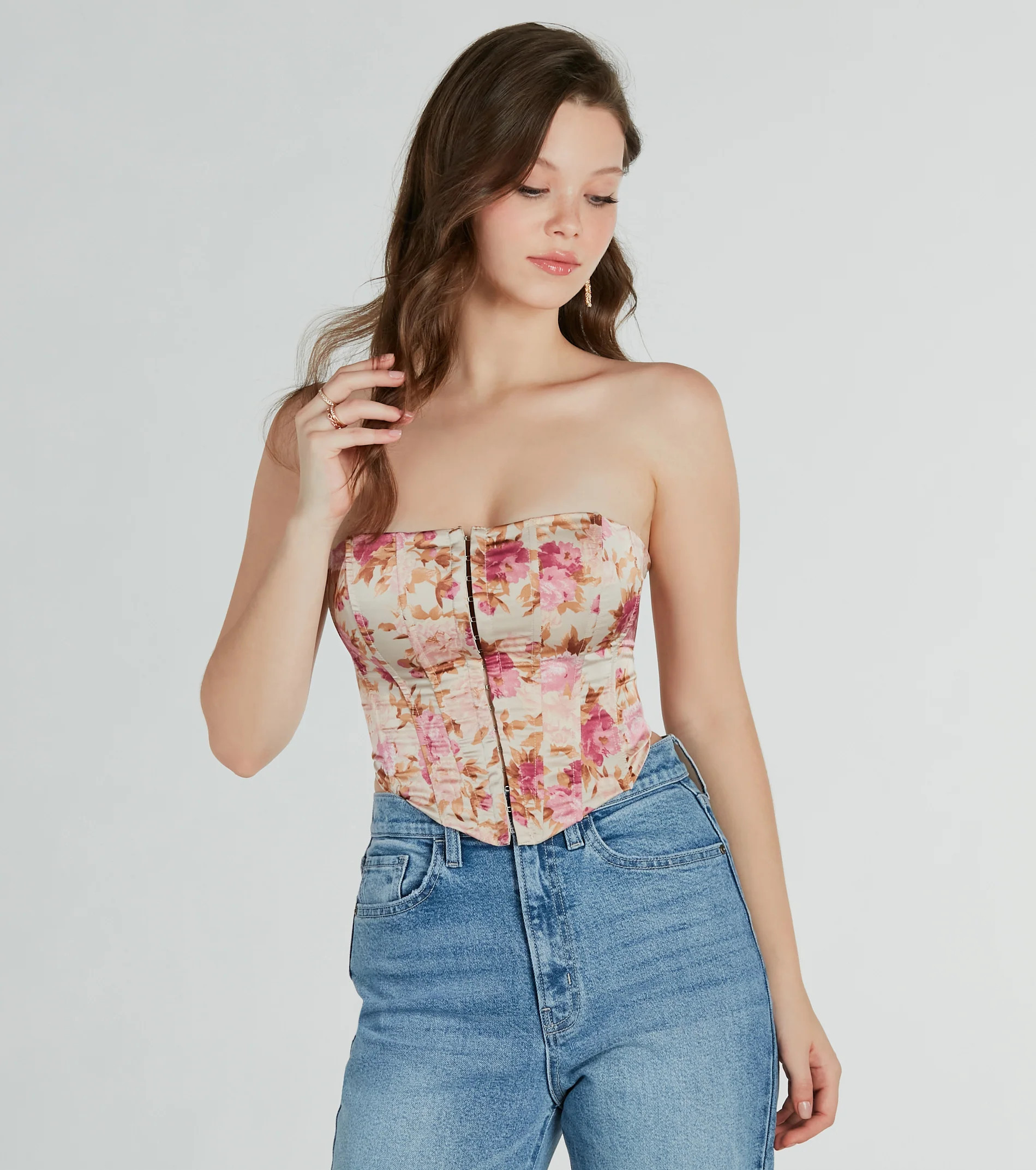 Time To Bloom Satin Floral Lace-Up Corset Top | Windsor Stores