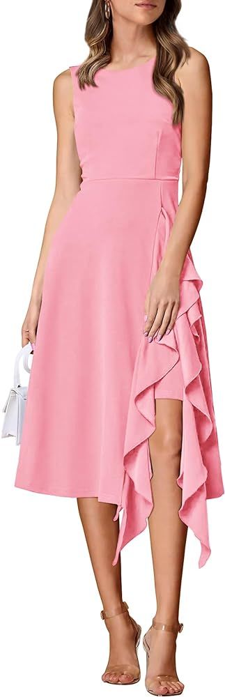 PRETTYGARDEN Women's Midi Summer Dresses Sleeveless Flared A Line Asymmetrical Ruffle Flowy Cockt... | Amazon (US)
