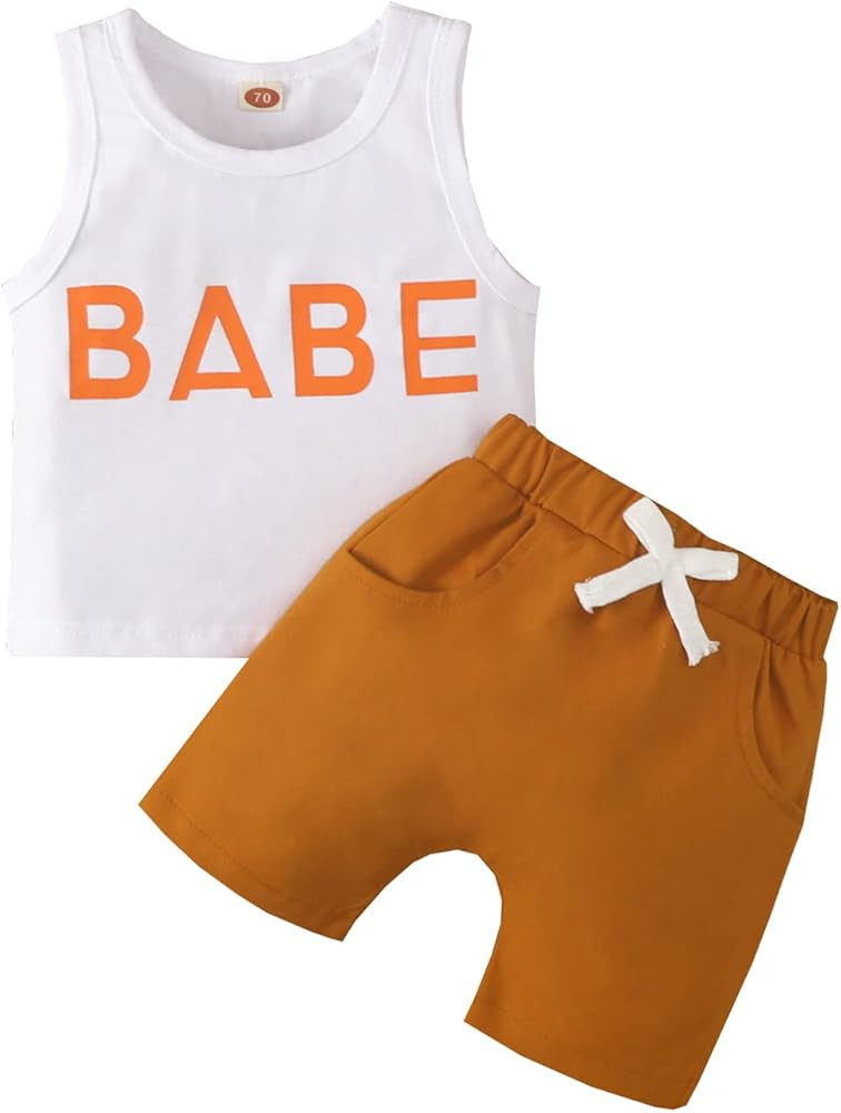 2Pcs Baby Boys Summer Clothes Set Letter Printed Sleeveless Shirt Vest Tank Top + Solid Color Short  | Amazon (US)