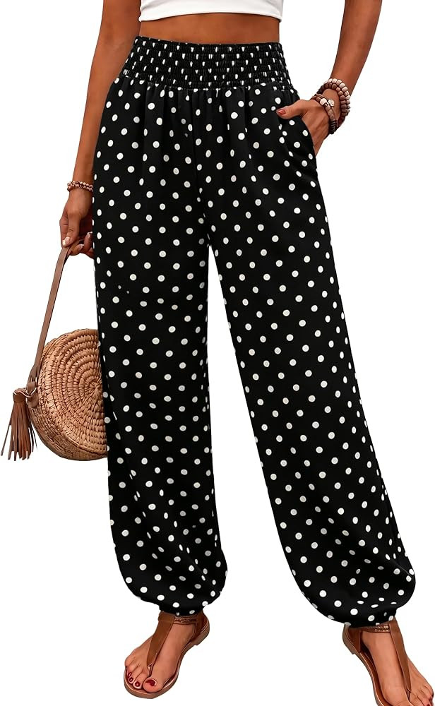WIHOLL Women's Smocked High Waist Harem Pants, Lightweight Linen Look Balloon Pants with Elastic ... | Amazon (US)