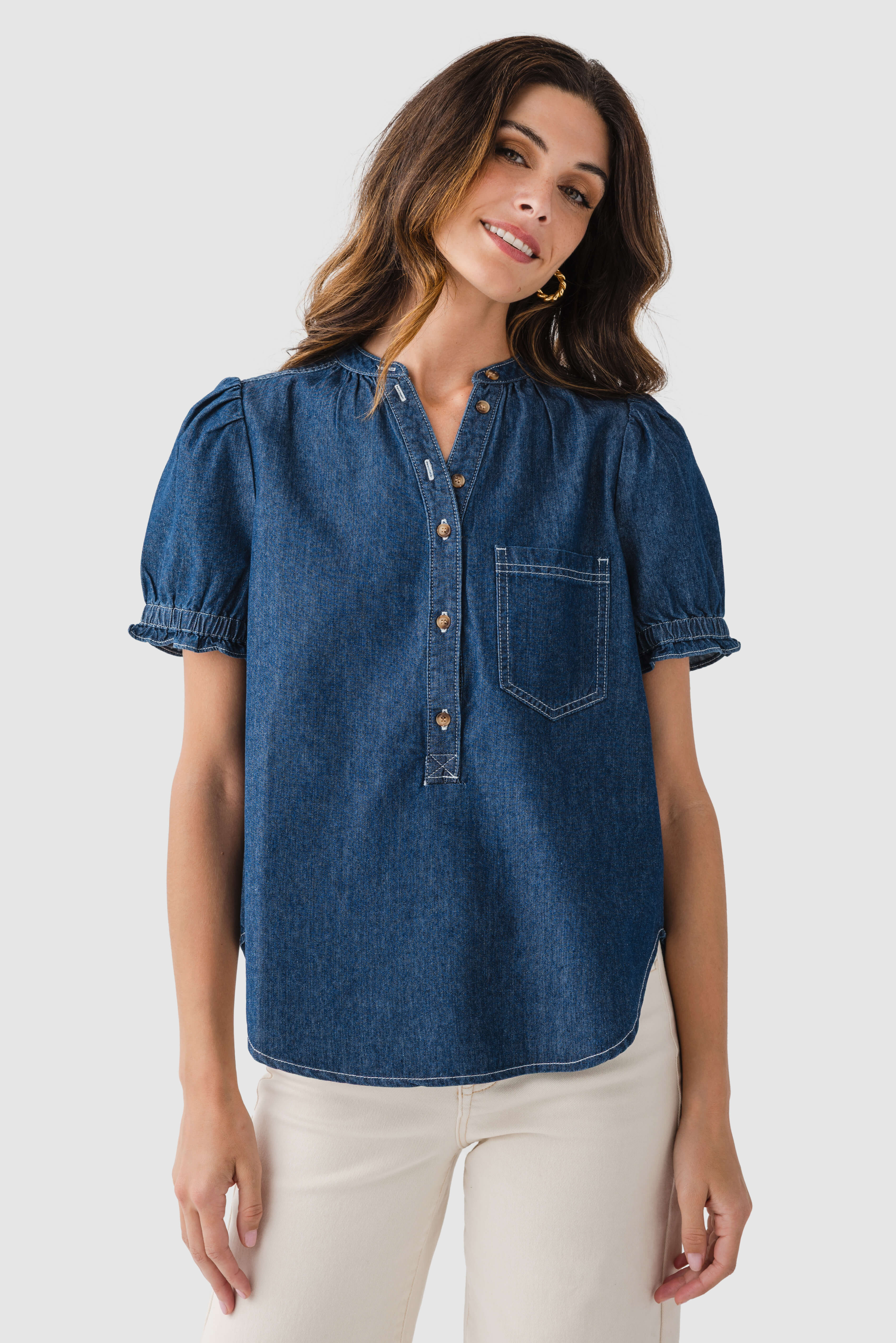 Eesome Mineral Washed Short Sleeve Denim Top | Social Threads