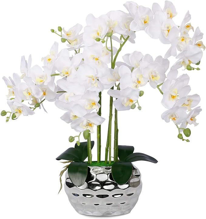 Artificial White Phalaenopsis Orchid Silk Flowers with Silver Vase - For Home Decor | Amazon (US)