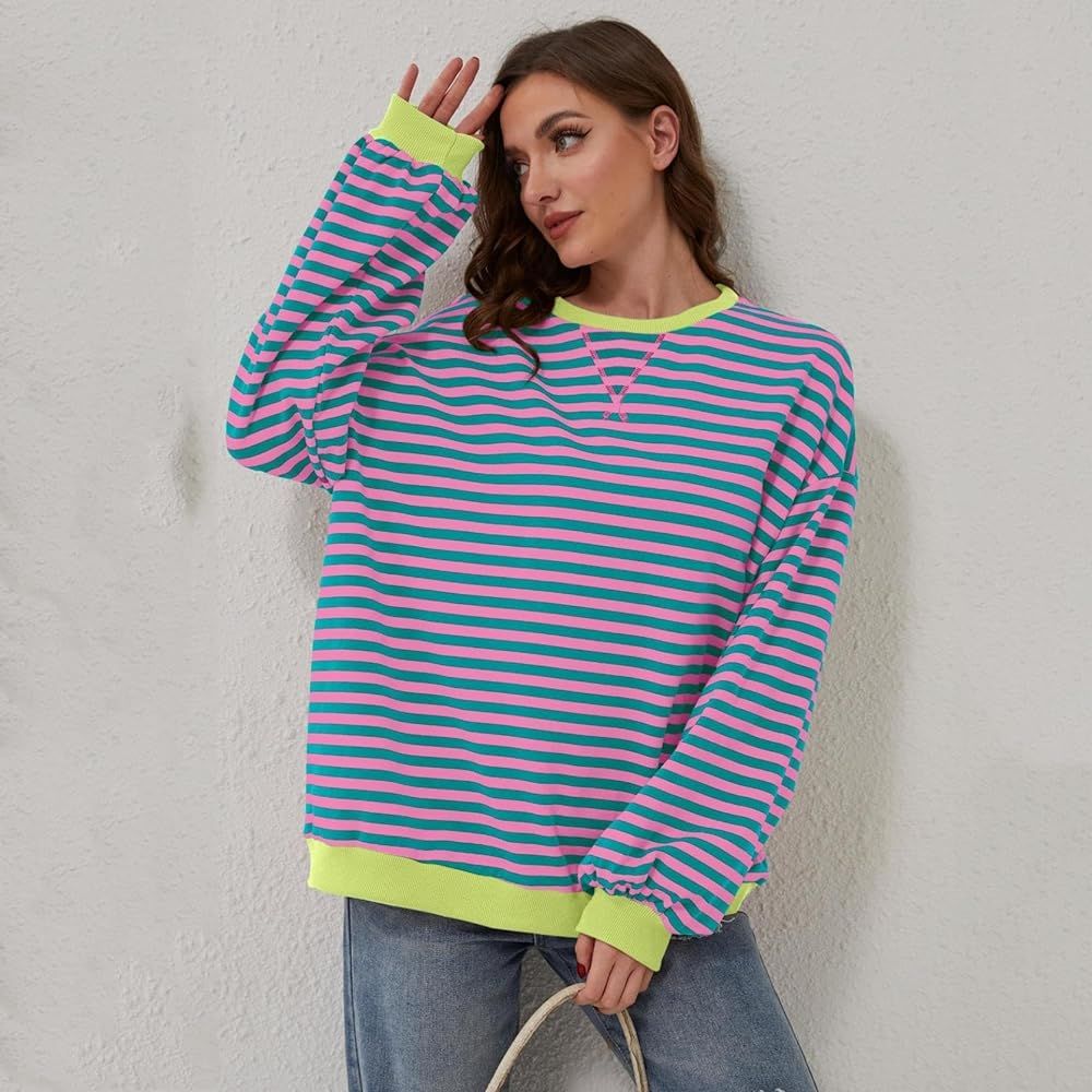 Womens Oversized Striped Sweatshirt Casual Long Sleeve Color Block Crewneck Pullover Tops Fall Outfits Y2k Clothes | Amazon (US)