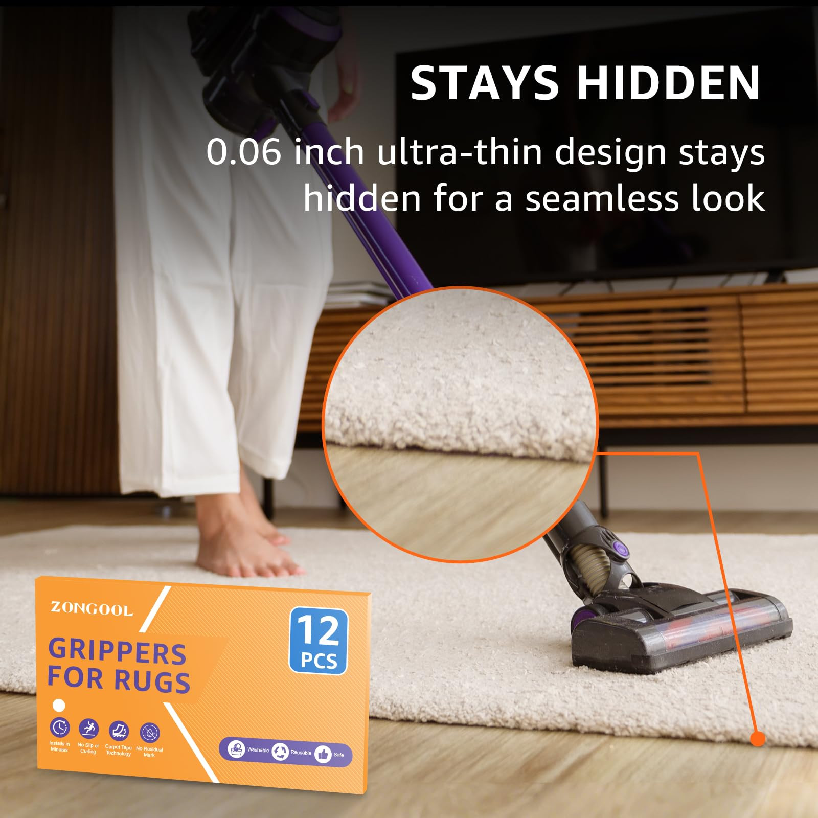 ZONGOOL 12 PCS Rug Tape, Reusable Washable Grippers for Rugs, Double Sided Non-Slip Rug Pads for ... | Amazon (US)