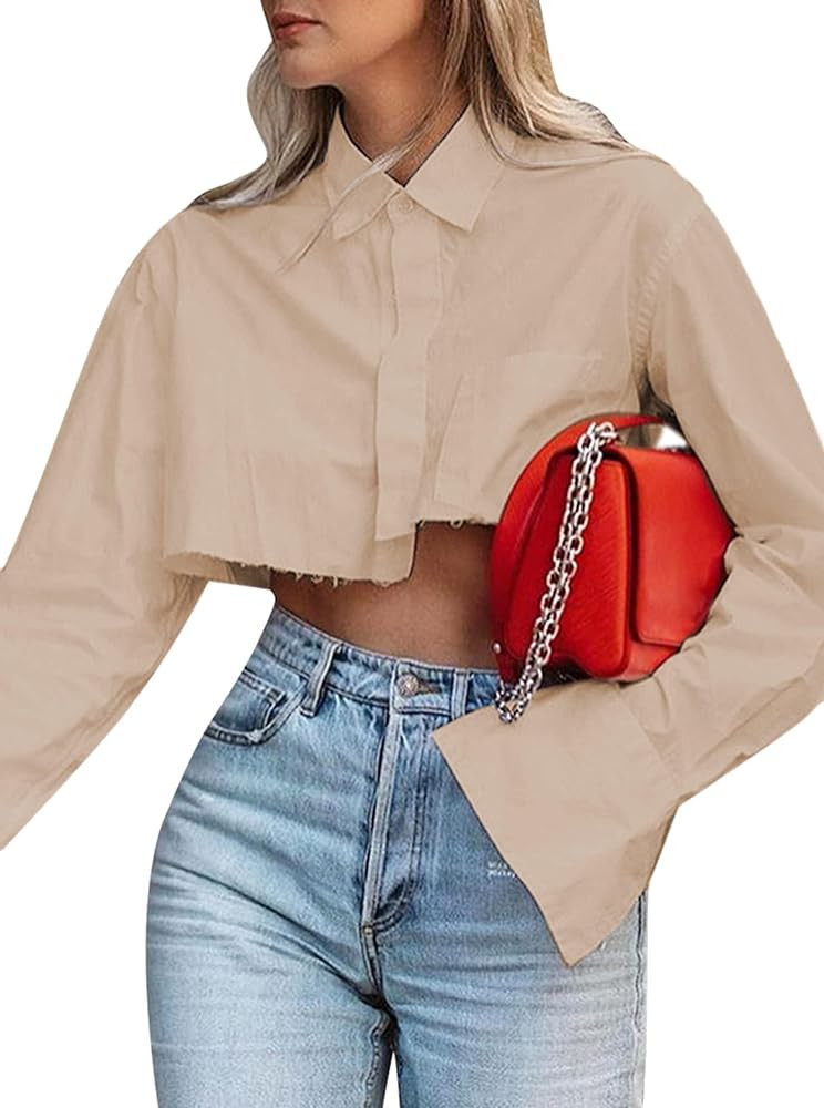 Remidoo Women's Asymmetrical Hem Long Sleeve Button Up Shirt Crop Top Blouse | Amazon (US)