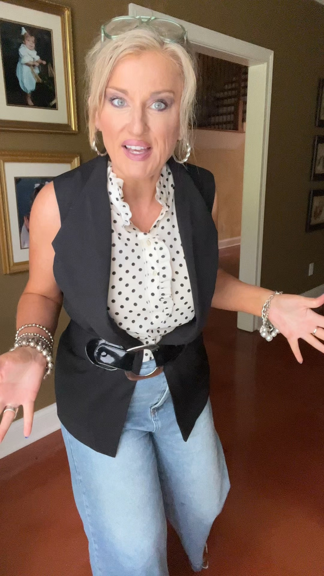 How I took a blouse and jeans from blah to a figure flattering, modest outfit 
Polka dots wide leg jeans vest to

#LTKOver40 #LTKMidsize #LTKgrwm