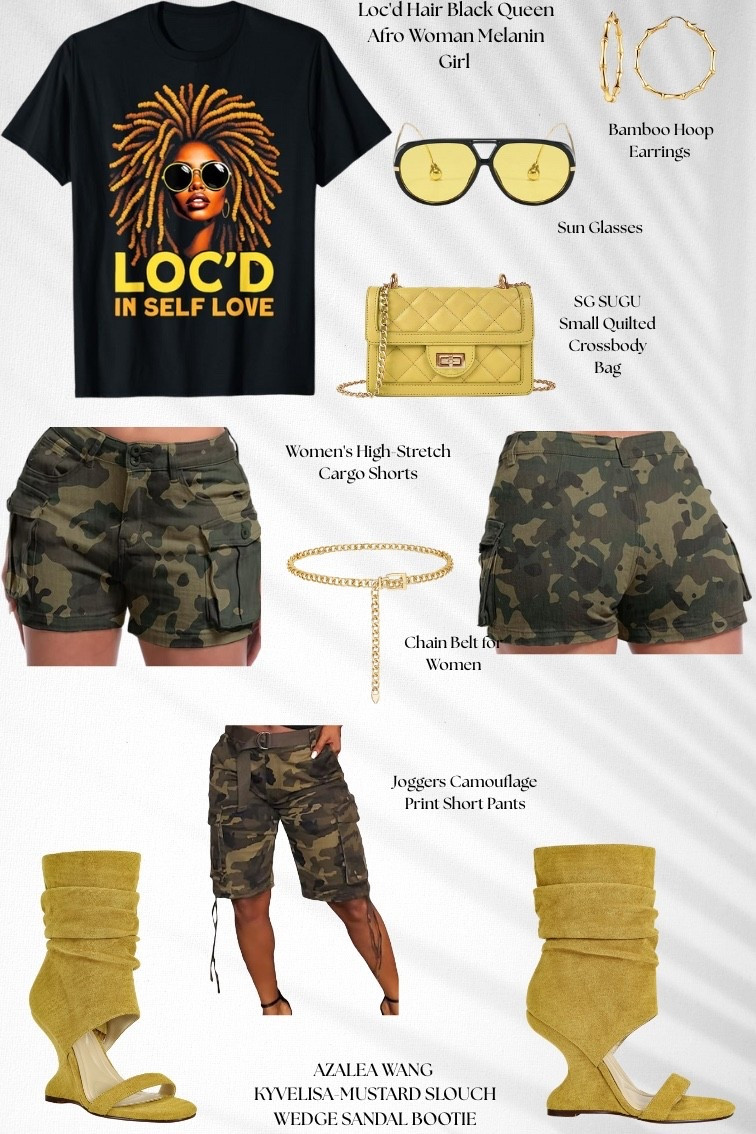 Loc’d in self-love & outside 🌿
Graphic tee + camo cargo shorts + chain belt + mustard slouch wedges + mini bag

#LTKgrwm #LTKSaleAlert #LTKootd