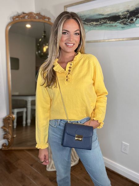 Game day outfit! Yellow sweater with ruffles Amazon size small
Agolde riley crop jeans tts 
Vintage Bottega ballet flats navy 
Navy bag Amazon 
Fall outfits 
Fall casual outfits 


#LTKfindsunder100 #LTKsalealert #LTKfindsunder50