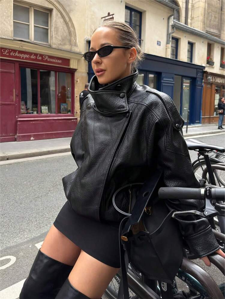 Casual Chic Black Leather Jackets Women Long Sleeve Turtleneck Oversized Moto Coats Fashion 2026 Streetwear Wind Proof Women Outwears New Year Spring Outfit Women Valentine's Day | SHEIN