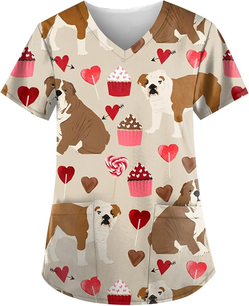 Valentine Scrub Tops Women Women Plus Size Working Uniform with Pocket Cute Animal Print Stretchy... | Amazon (US)