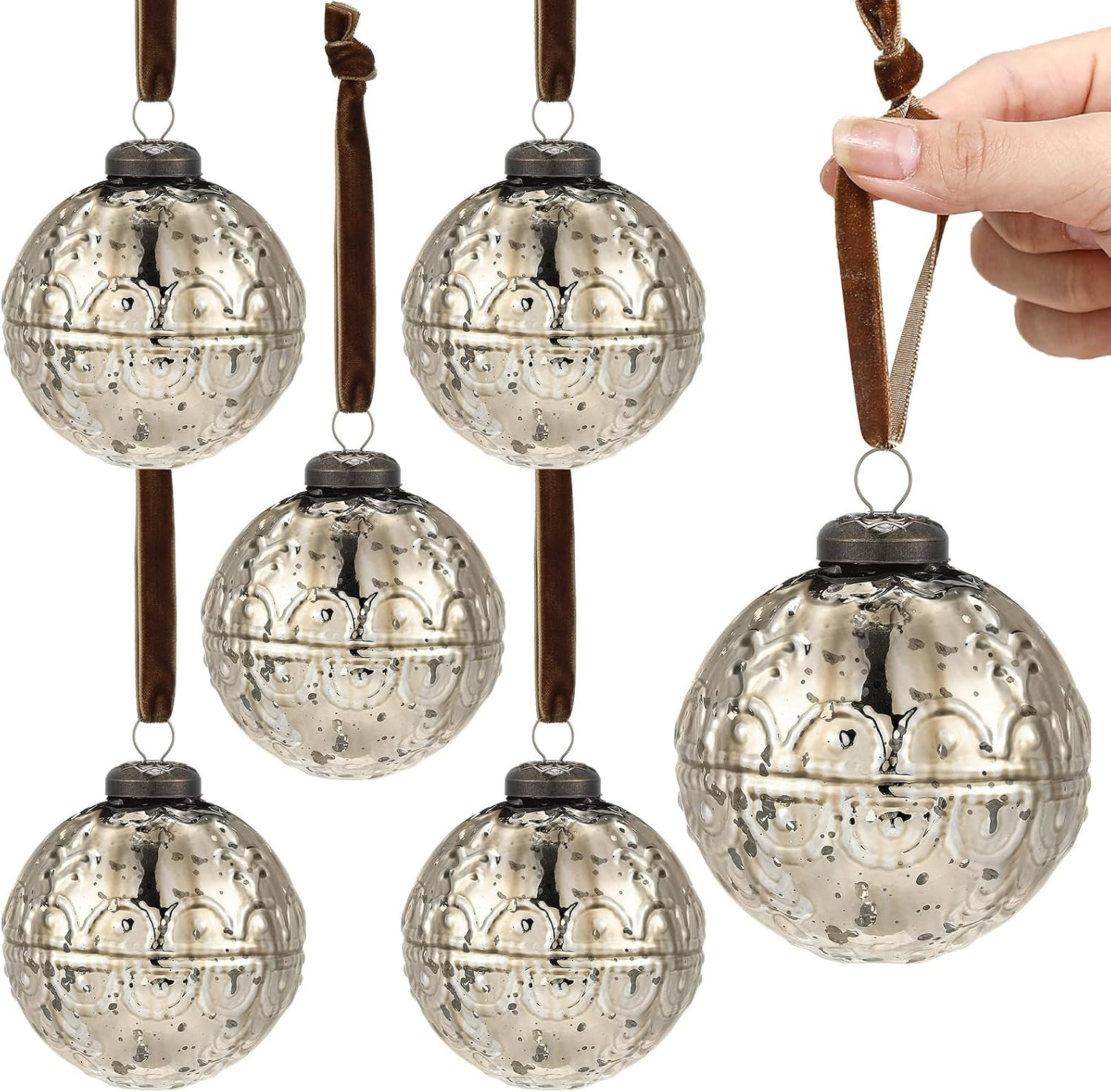 Threan 6 Pcs Champagne Gold Mercury Glass Christmas Ornaments, Etched | Amazon (US)