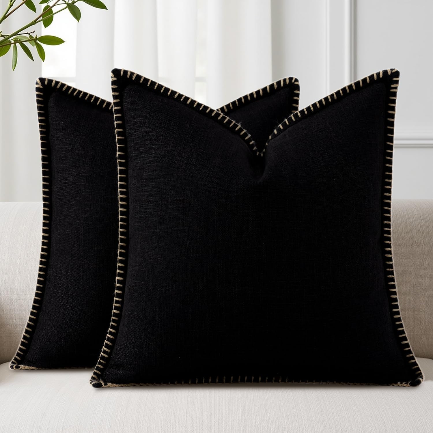 decorUhome Black Faux Linen Outdoor Throw Pillow Covers 18x18 Set of 2 | Amazon (US)