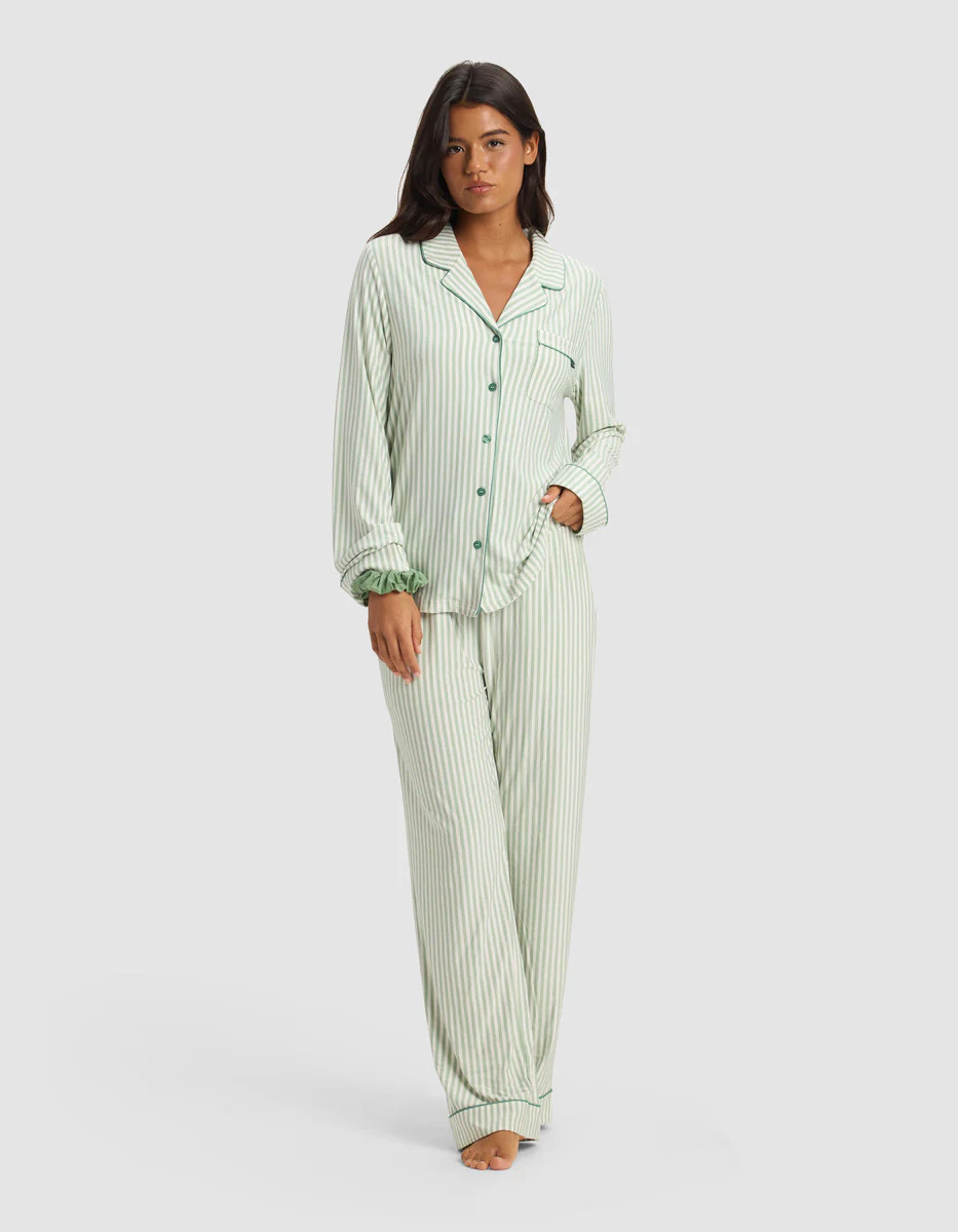 Women's Bamboo Viscose Stretch-Knit Long Sleeve Shirt Pajama Set - Market Stripe in Divi Green (Size: XS) - Cozy Earth | Cozy Earth