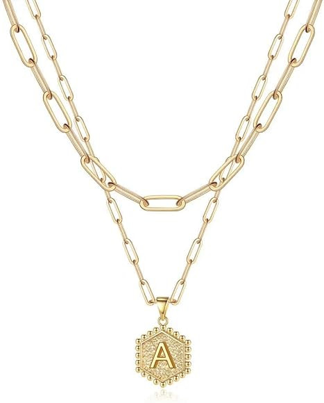 M MOOHAM Dainty Gold Necklace for Women - 14K Solid Gold Over Teen Girl Gifts Cute Hexagon Letter... | Amazon (US)