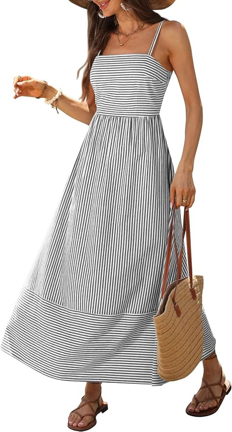 Caracilia Womens Maxi Dresses Gingham Spaghetti Strap Back Smocked Flowy Long Sundress Summer Bea... | Amazon (US)