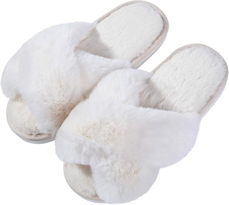 Evshine Women's Fuzzy Slippers Cross Band Memory Foam House Slippers Open Toe | Amazon (US)