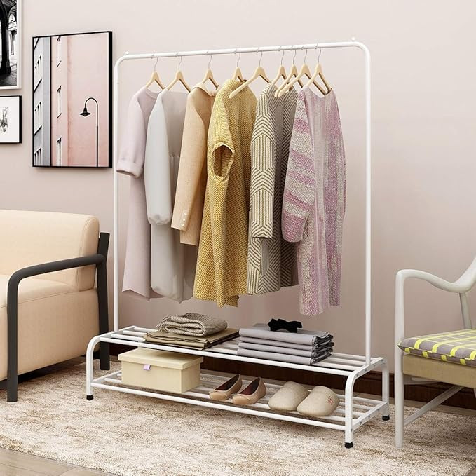 BOFENG White Metal Garment Rack Industrial Free-Standing Clothes Rack with Top Rod and 2 Tier Low... | Amazon (US)