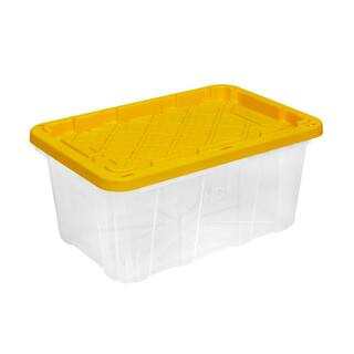 17 Gal. Tough Storage Tote in Clear with Yellow Lid | The Home Depot