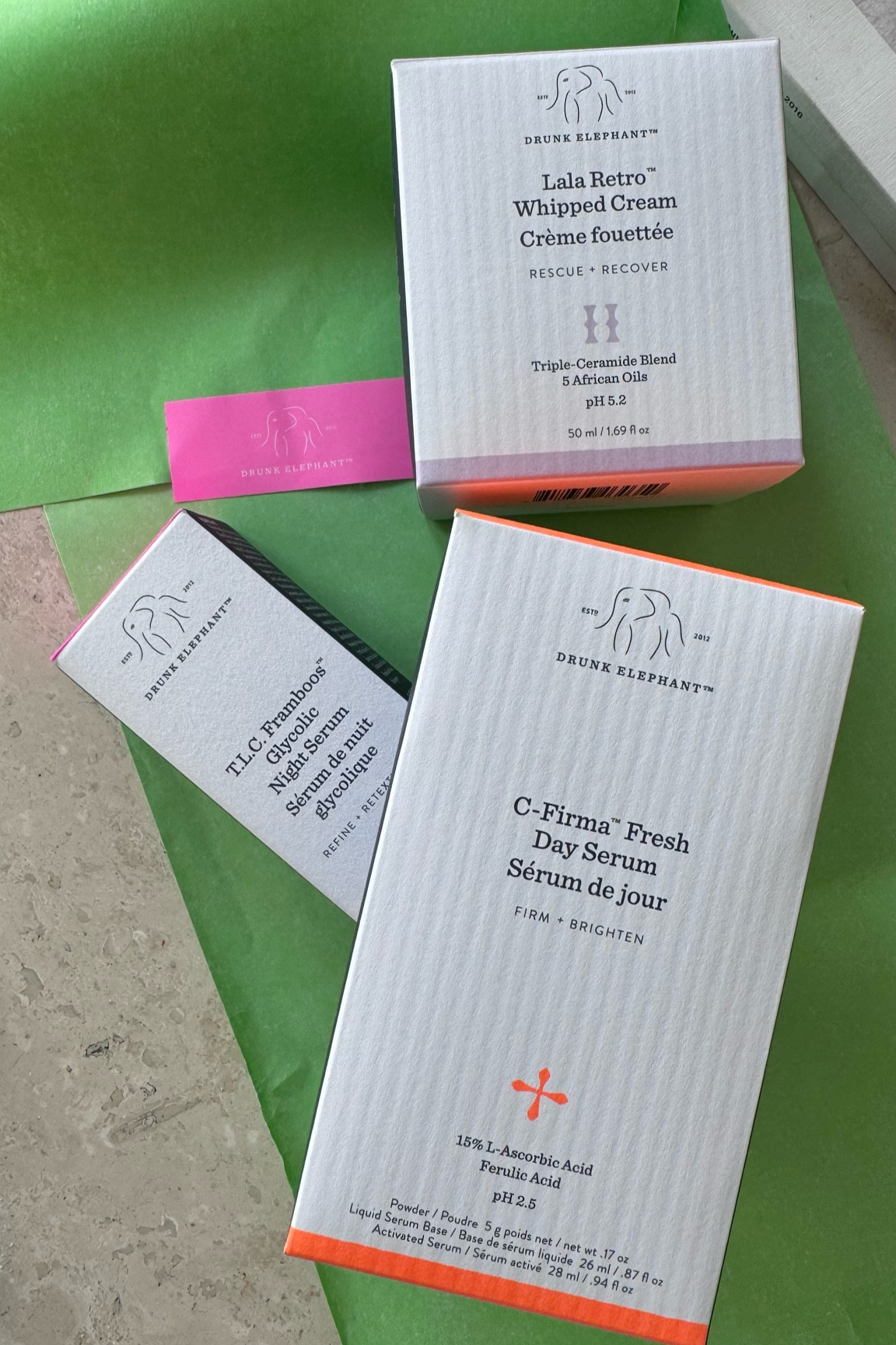 3 Drunk Elephant Products 

C-Firma Fresh Day Serum - A Great Vitamin C
LaLa Retro - A beautiful rich moisturiser, great for night times and extra dry skin
T.L.C Framboos Glycolic Night Serum - An Overnight Exfoliator. So smoothing and brightening and overall texture 

#LTKeurope #LTKbeauty