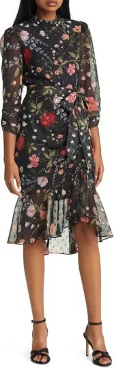 Floral Metallic Detail Long Sleeve Body-Con Chiffon Dress | Nordstrom