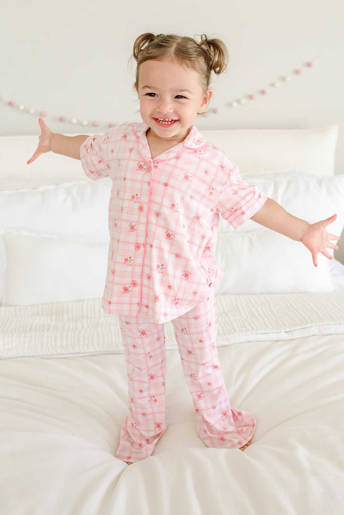 Girls' Two-Piece Bamboo Flare Lounge Set | Primrose Plaid | Caden Lane