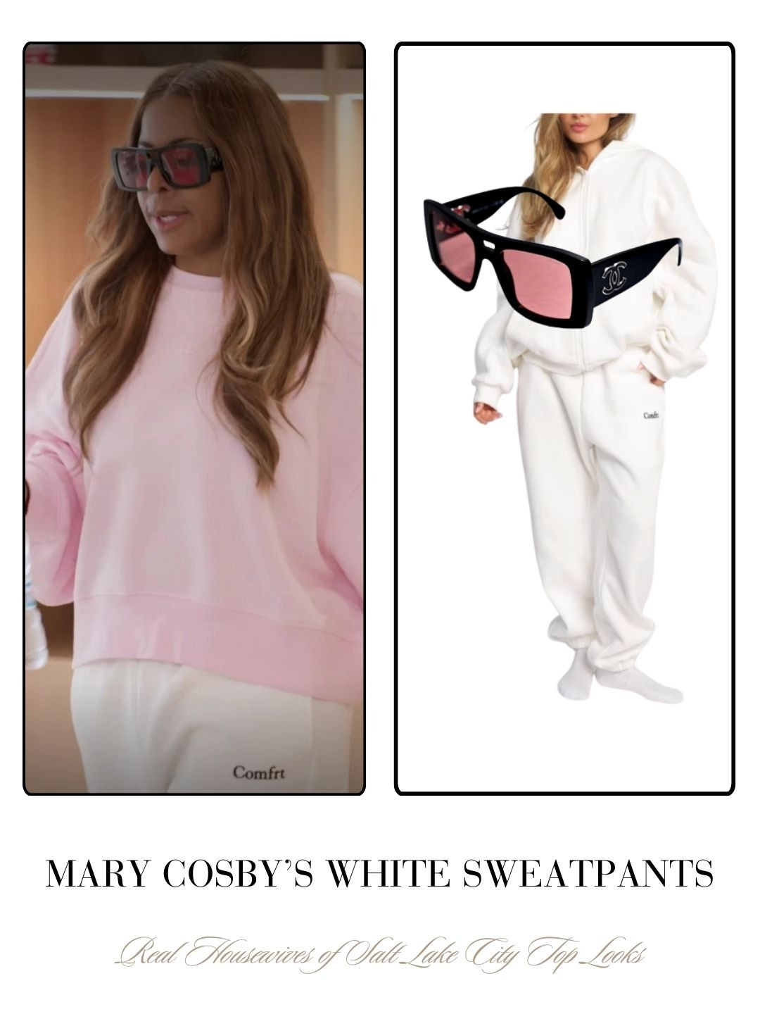 Mary Cosby’s White Sweatpants on the Real Housewives of Salt Lake City Season 6 Finale / Sunglasses by Chanel
