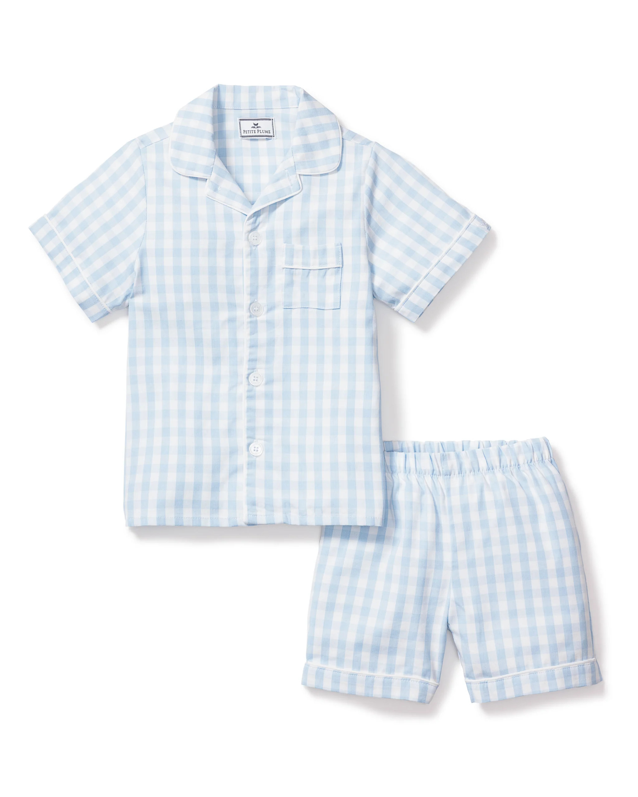 Kid's Twill Pajama Short Set in Light Blue Gingham | Petite Plume