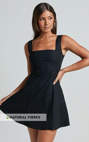 Adiana Mini Dress - Linen Look Square Neck Shirred Back A Line Dress in Black | Showpo (US, UK & Europe)